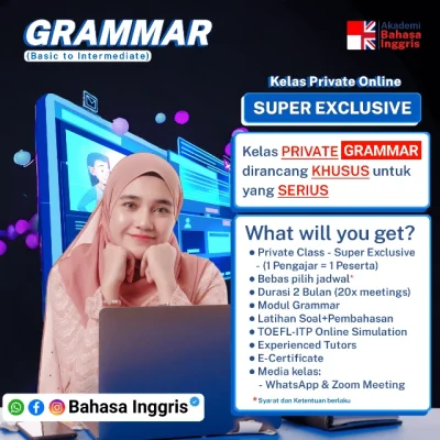 Kelas Private Online VVIP 1-on-1 khusus Grammar, fokus strategi praktis & menjawab dengan akurat. Cocok untuk persiapan TOEFL, TOEIC, PTE atau IELTS