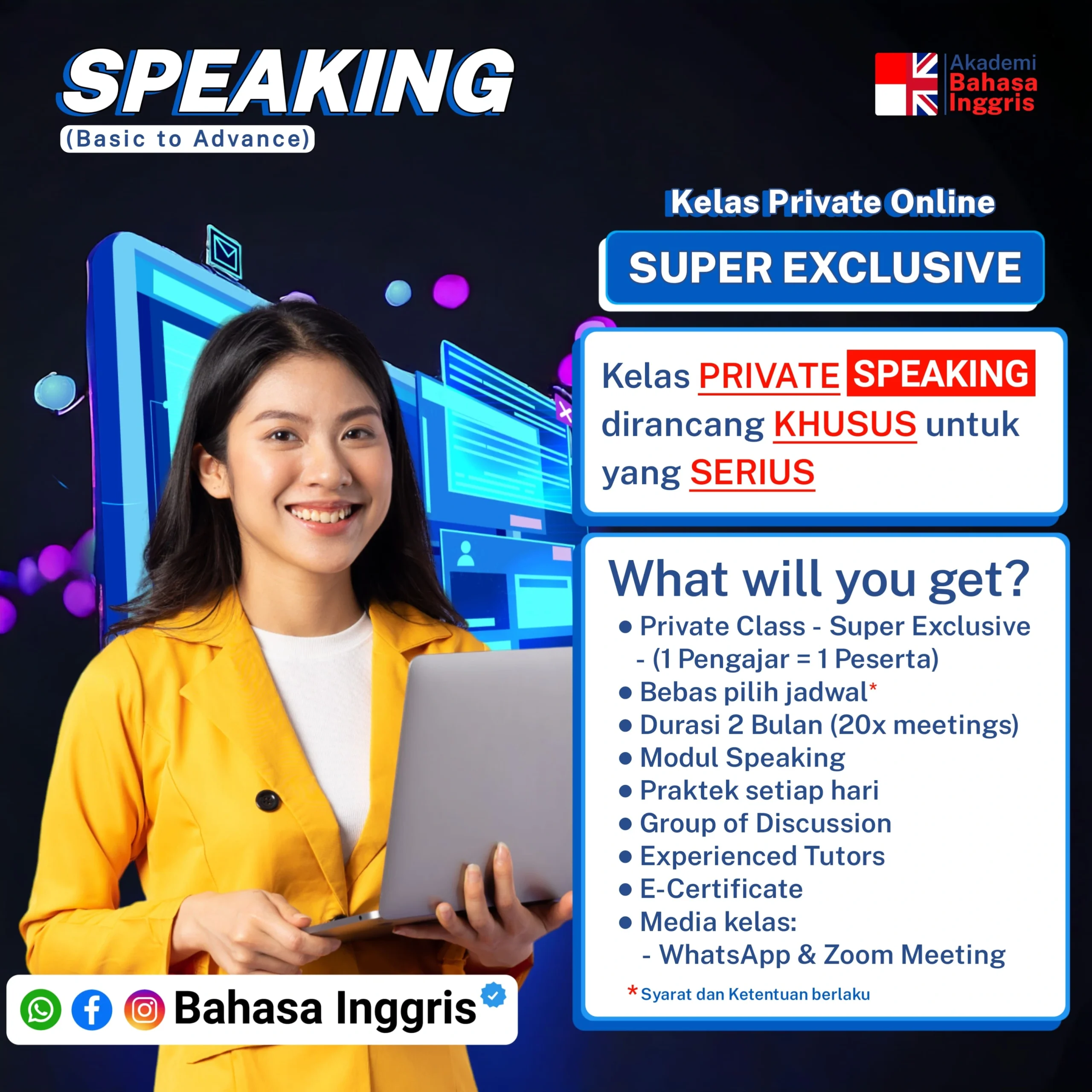 Capek belajar tapi nggak lancar? Kuasai Speaking dalam 2 bulan dengan Kelas Private VVIP 1-on-1! Jadwal fleksibel & bimbingan tutor spesialis.