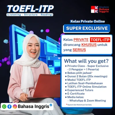Sekarang ada Kelas Private TOEFL ITP Online – Super Exclusive yang dirancang khusus untuk membantu kamu menembus skor 500+ dengan strategi yang tepat dalam waktu sekitar 2 bulan.